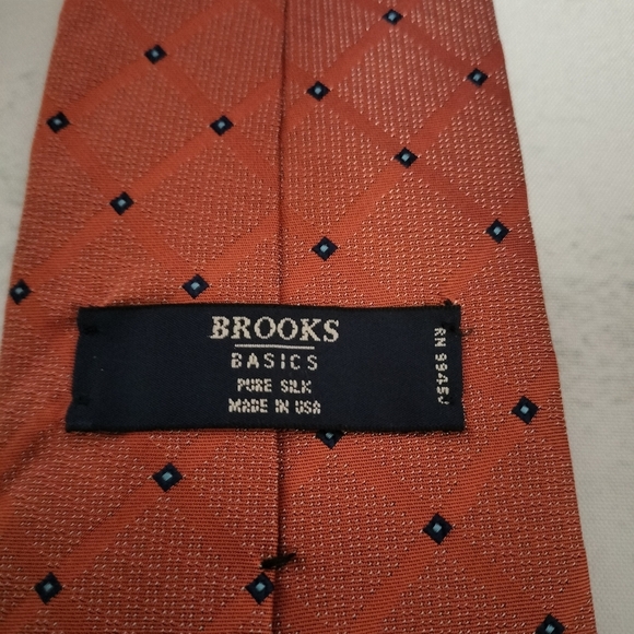 Brooks Basics Orange Tie with Blue Diamond Pattern Silk Necktie Formal Business - Picture 5 of 9